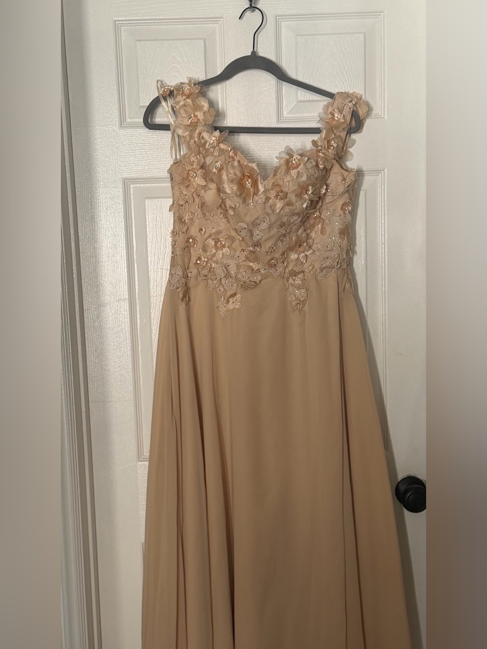 Chicas Champagne Floral Appliqué Prom Gown